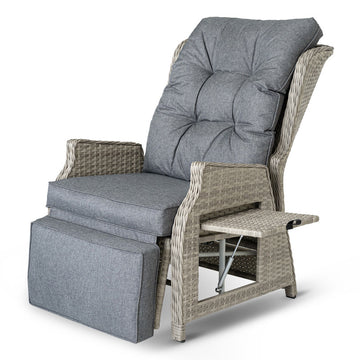 Rattansessel verstellbar mit Fußstütze und Tisch – wetterfester Garten-Relaxsessel bis 160 kg belastbar, Beige
