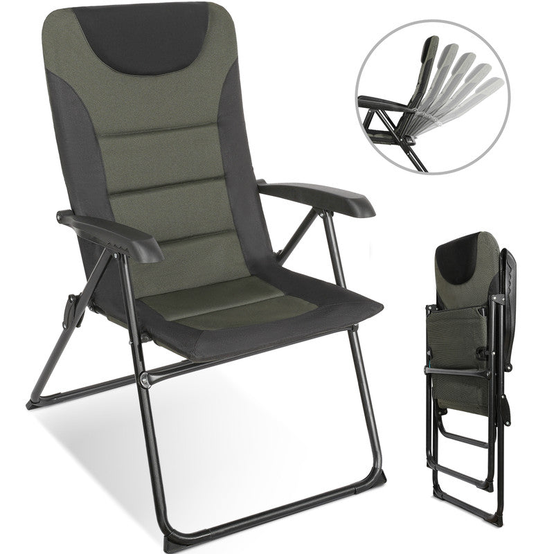 HOMECALL Campingstuhl Hochlehner klappbar Schwarz/Grün – gepolsterter Gartenstuhl 5-fach verstellbar bis 150 kg belastbar | B-Ware Sonderposten