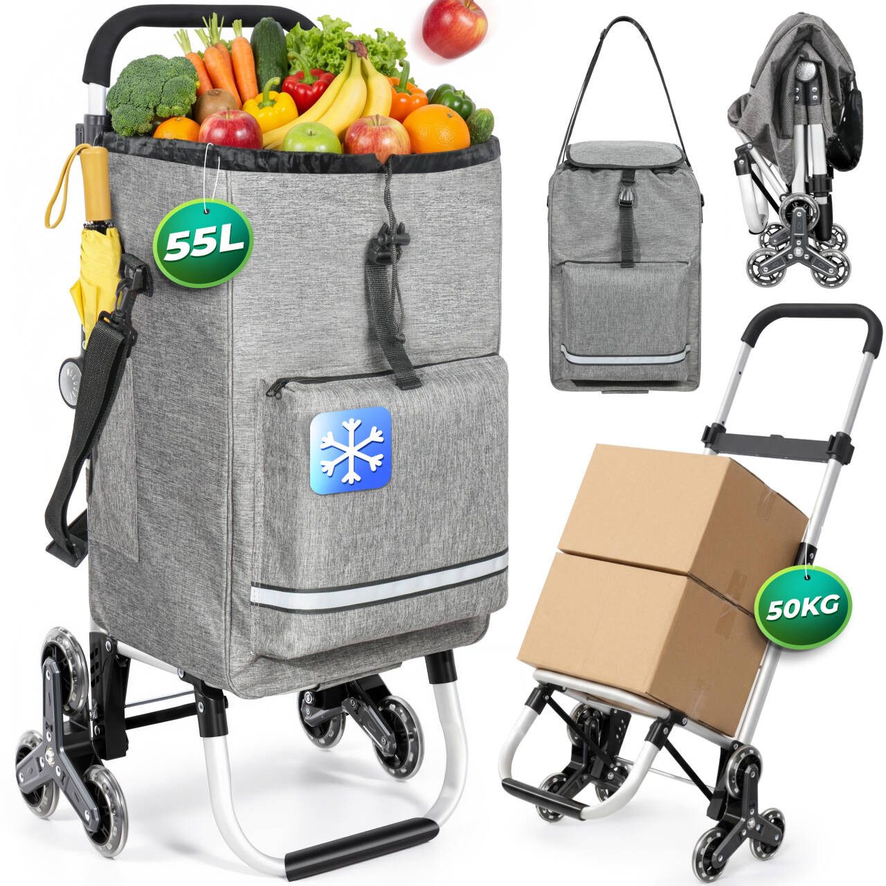 Einkaufstrolley klappbar mit Kühlfach 55 L – Shopping Trolley bis 50 kg belastbar, Treppensteiger