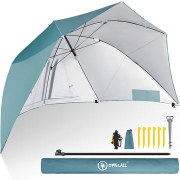 HOMECALL Strandmuschel mit Schirmsystem Blau – 3in1 Sonnenschirm & Windschutz klappbar | B-Ware Sonderposten