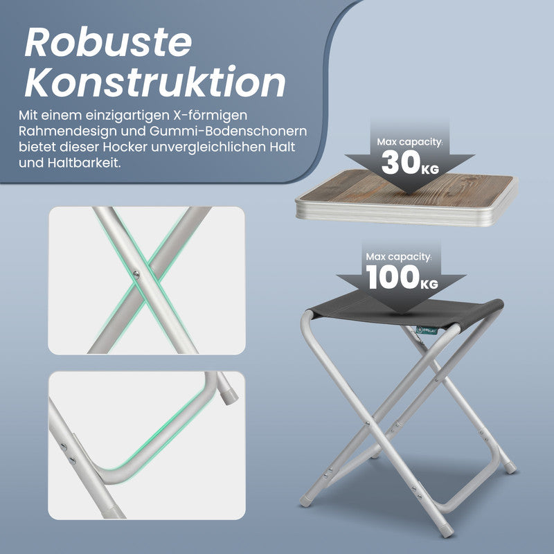 Campinghocker klappbar mit Tisch – Leichter Aluminium Klapphocker mit MDF-Tischplatte, Outdoor Angelhocker bis 100 kg belastbar