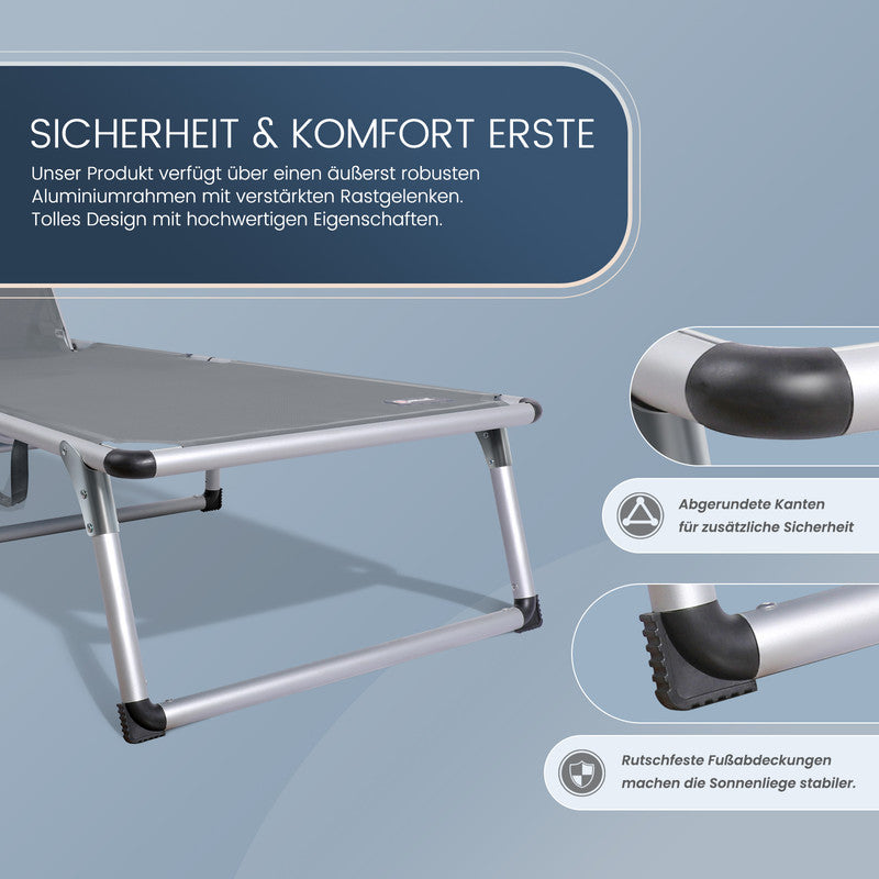 Sonnenliege klappbar – Leichte Gartenliege aus Aluminium mit 5-fach verstellbarer Rückenlehne - grau