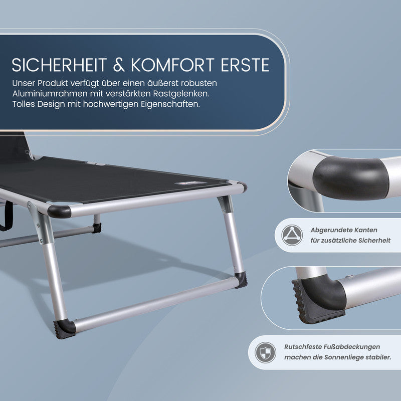 Sonnenliege klappbar – Leichte Gartenliege aus Aluminium mit 5-fach verstellbarer Rückenlehne Sonnendach und Nackenkissen schwarz