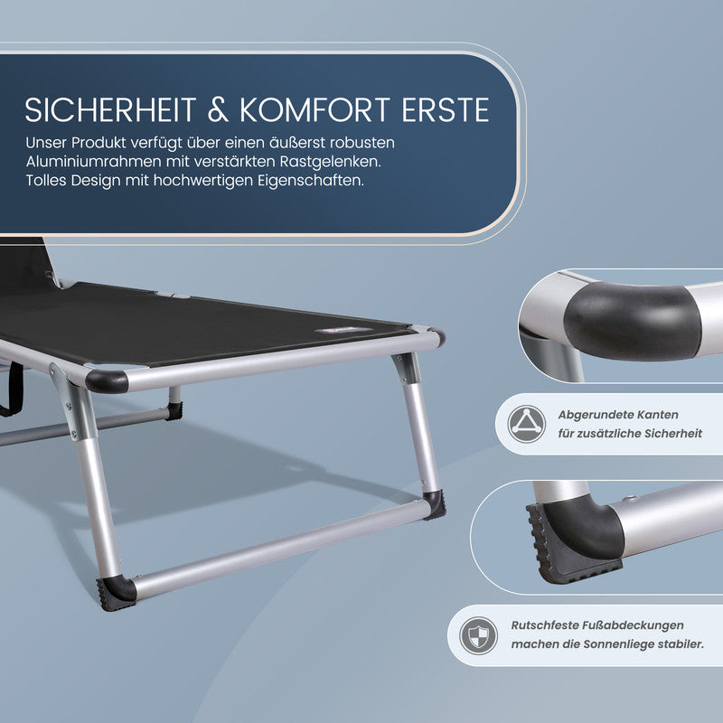 Sonnenliege klappbar – Leichte Gartenliege aus Aluminium mit 5-fach verstellbarer Rückenlehne schwarz
