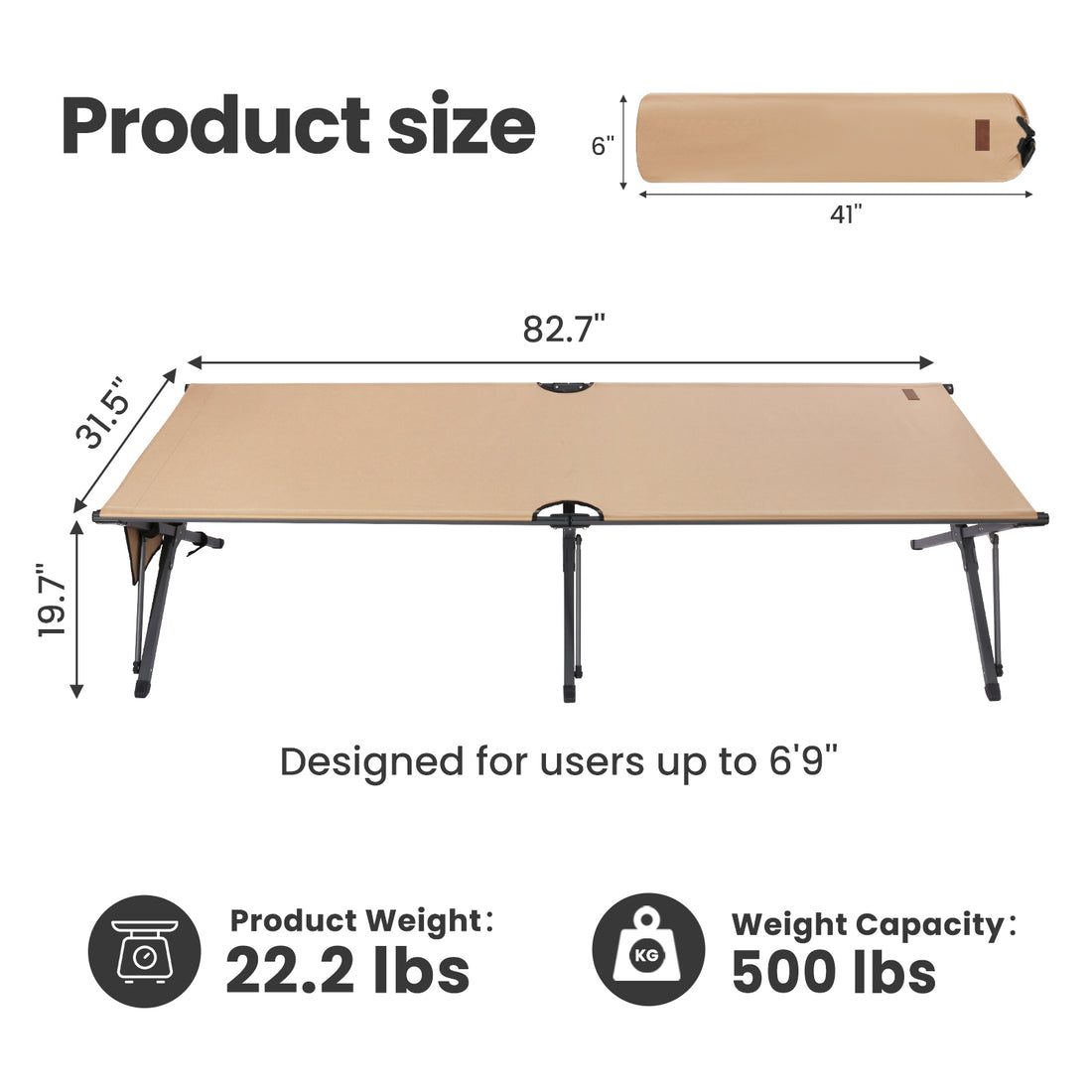 HOMECALL XXL Campingbett klappbar – stabiles Feldbett bis 200 kg, faltbares Outdoor- und Gästebett mit Tragetasche, sand