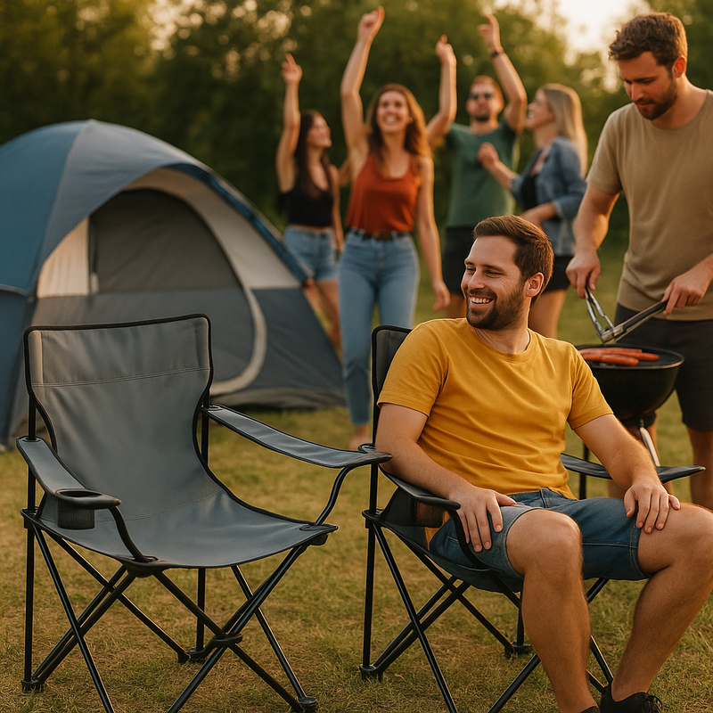 Campingstuhl faltbar Grau – robuster Faltstuhl mit Getränkehalter für Camping, Festival & Garten