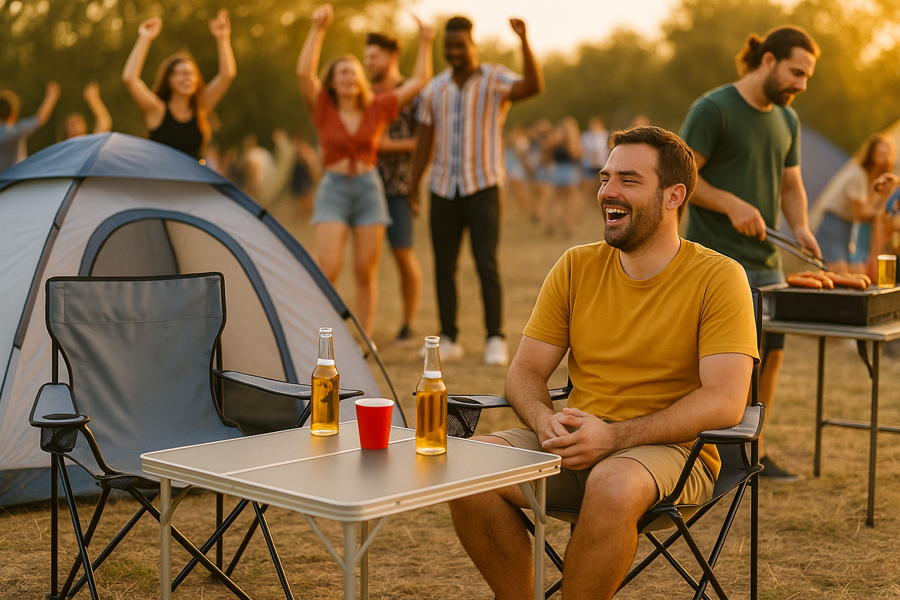 Campingstuhl faltbar Grau – robuster Faltstuhl mit Getränkehalter für Camping, Festival & Garten