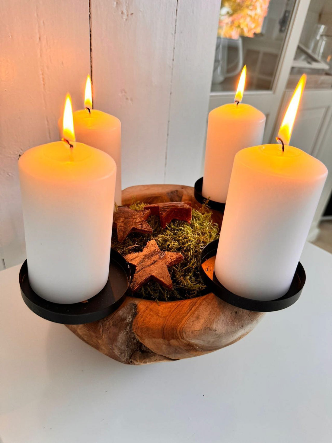 Teakholz Adventskranz & Dekoschale mit Kerzenhaltern – Natürliche Holzschale für ganzjährige Tischdeko
