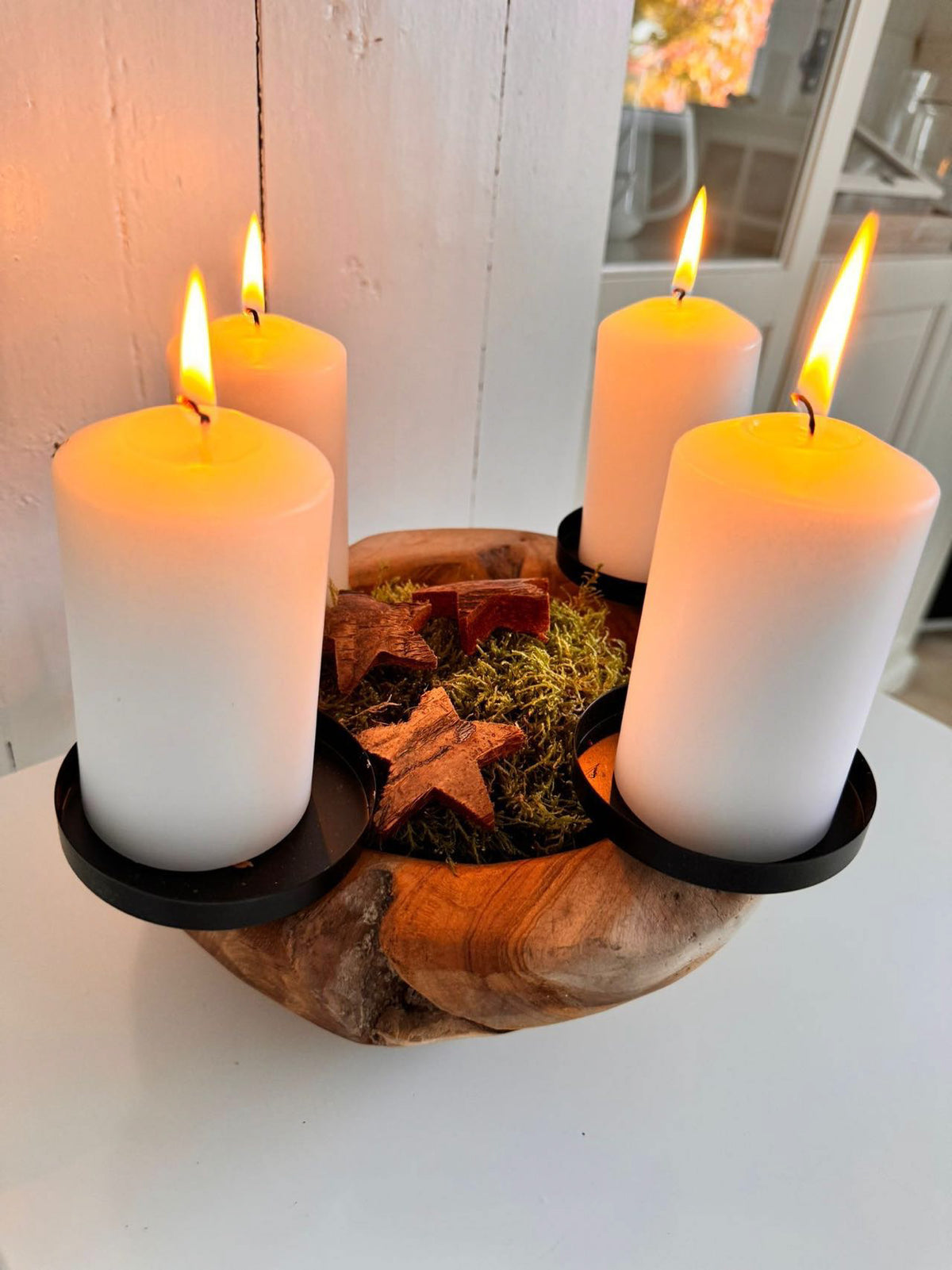 Teakholz Adventskranz & Dekoschale mit Kerzenhaltern – Natürliche Holzschale für ganzjährige Tischdeko