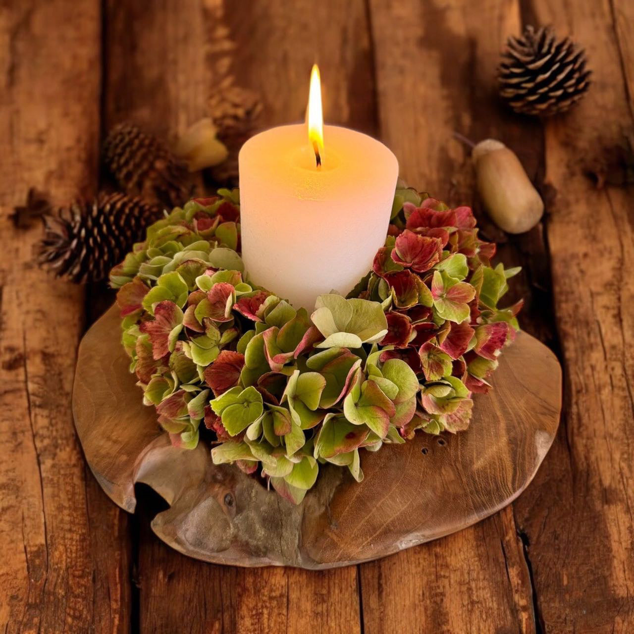 Teakholz Adventskranz & Dekoschale mit Kerzenhaltern – Natürliche Holzschale für ganzjährige Tischdeko