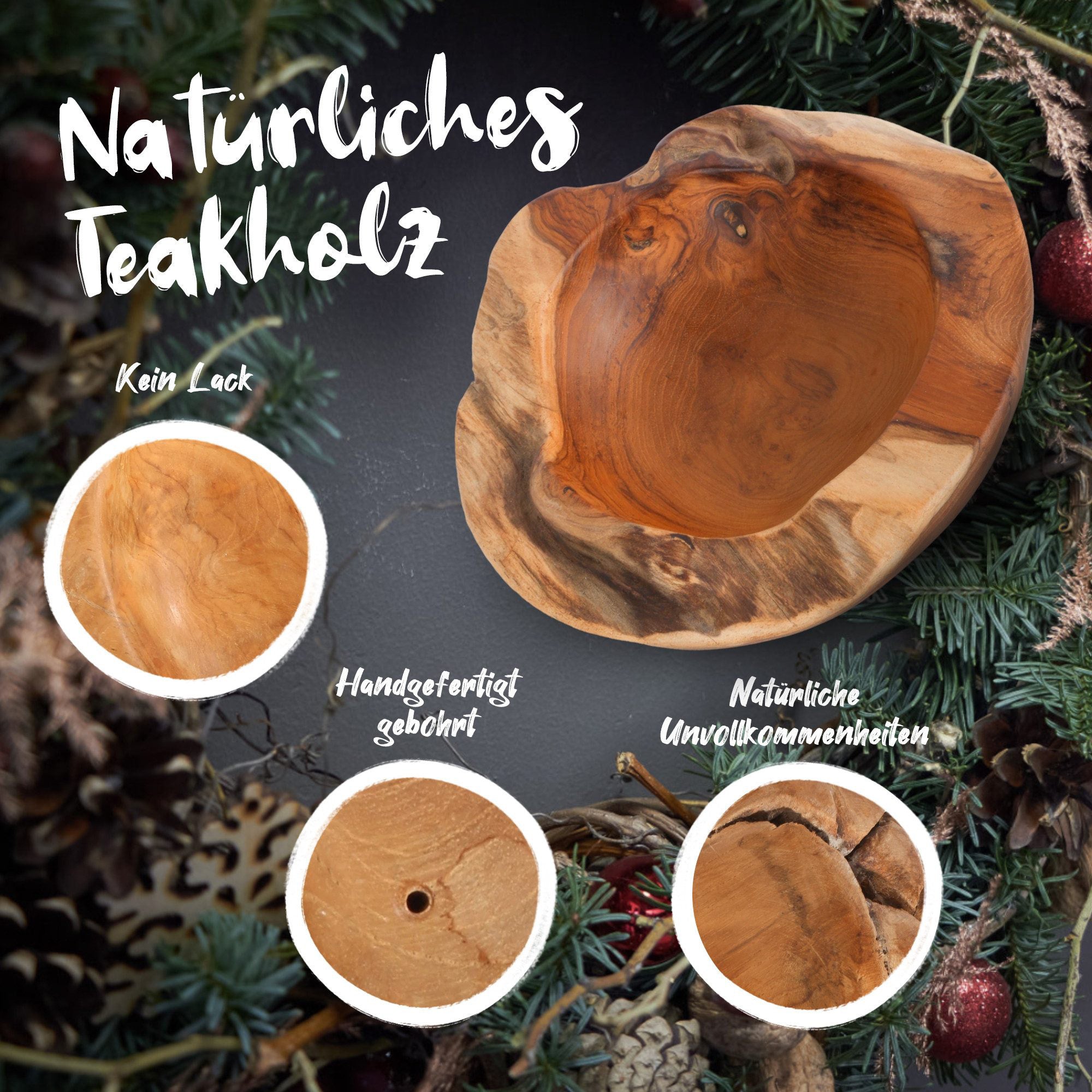 Teakholz Adventskranz & Dekoschale mit Kerzenhaltern – Natürliche Holzschale für ganzjährige Tischdeko