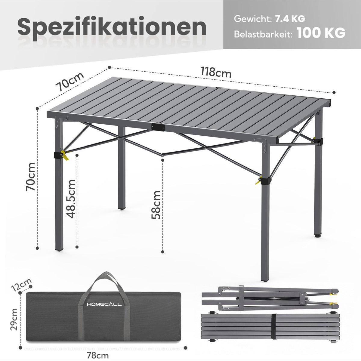 HOMECALL Campingtisch klappbar – stabiler Gartentisch und Balkontisch, tragbar, leicht und platzsparend, Anthrazit