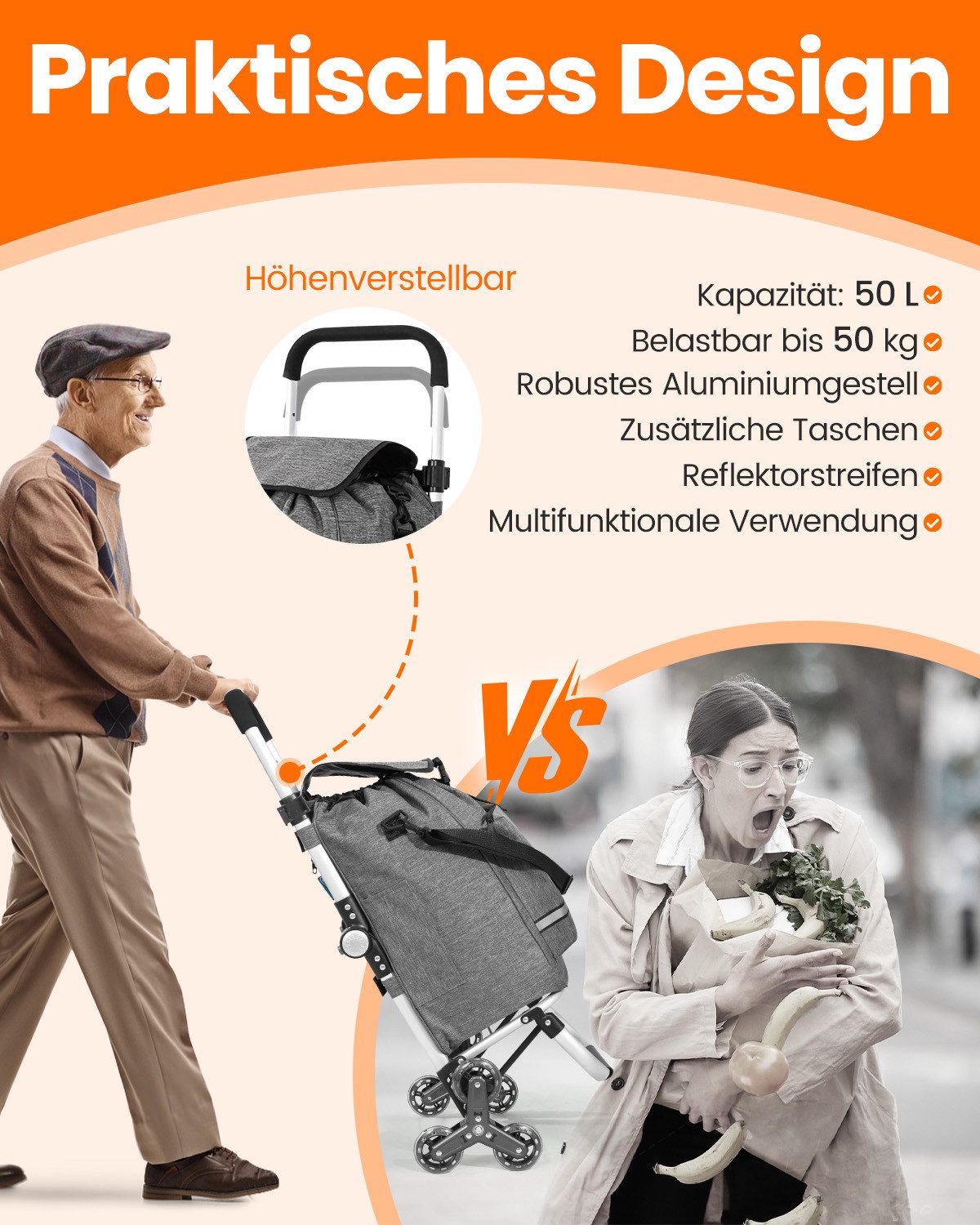 Einkaufstrolley klappbar mit Kühlfach 55 L – Shopping Trolley bis 50 kg belastbar, Treppensteiger