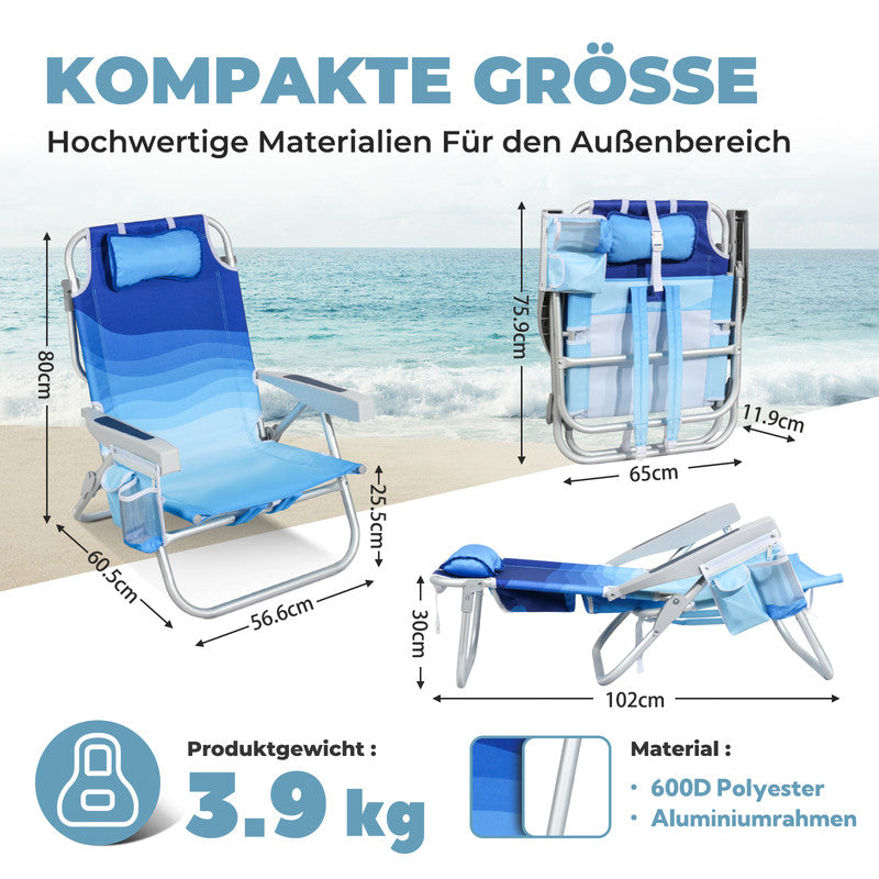Strandstuhl klappbar  – Aluminium Campingstuhl mit Kühlfach, 5-fach verstellbarer Rückenlehne & Kopfkissen, bis 136 kg belastbar