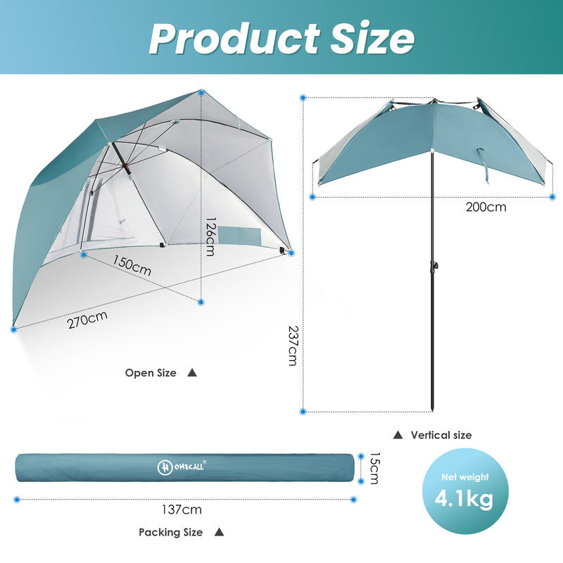 Strandmuschel mit Sonnenschirm – 3-in-1 Sonnenschutz, Windschutz und Strandschirm, blau-grün
