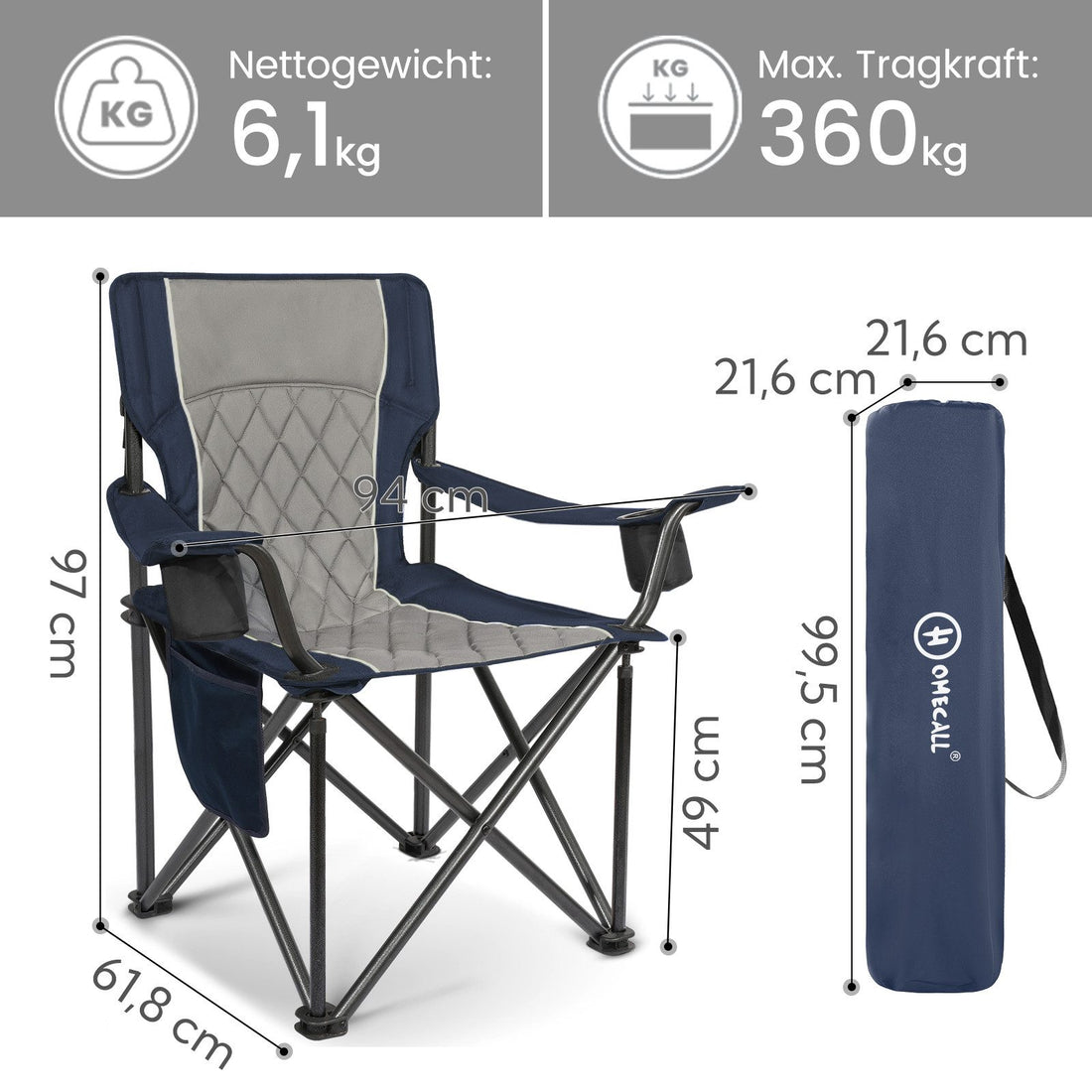 Großer Campingstuhl klappbar bis 360 kg – extra stabiler Outdoor-Klappstuhl mit Getränkehaltern und Tragetasche