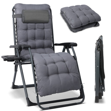 Liegestuhl klappbar XXL bis 180 kg belastbar – Sonnenliege mit Kissen für Garten, Balkon, Terrasse & Camping, grau