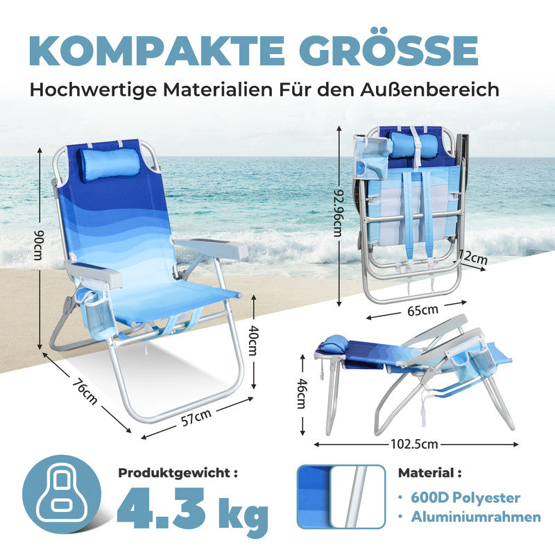 Strandstuhl klappbar  – Aluminium Campingstuhl mit Kühlfach, 5-fach verstellbarer Rückenlehne & Kopfkissen, bis 136 kg belastbar