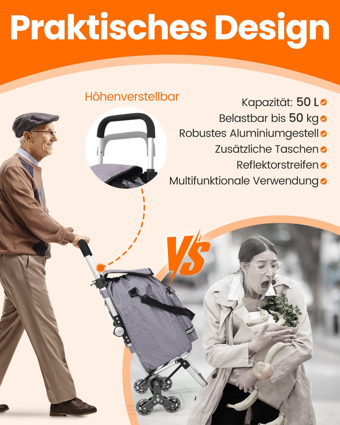Einkaufstrolley klappbar mit Kühlfach 55 L – Shopping Trolley bis 50 kg belastbar, Treppensteiger