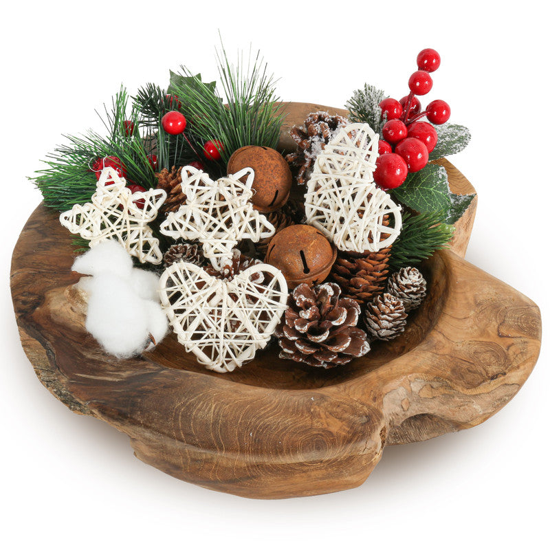 Teakholz Adventskranz & Dekoschale mit Kerzenhaltern – Natürliche Holzschale für ganzjährige Tischdeko