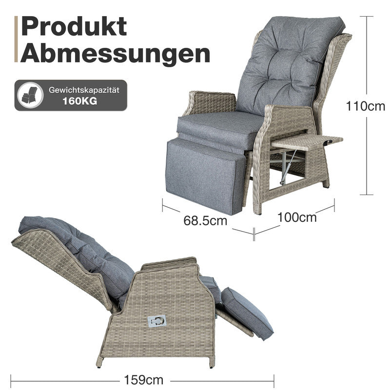Rattansessel verstellbar mit Fußstütze und Tisch – wetterfester Garten-Relaxsessel bis 160 kg belastbar, Beige