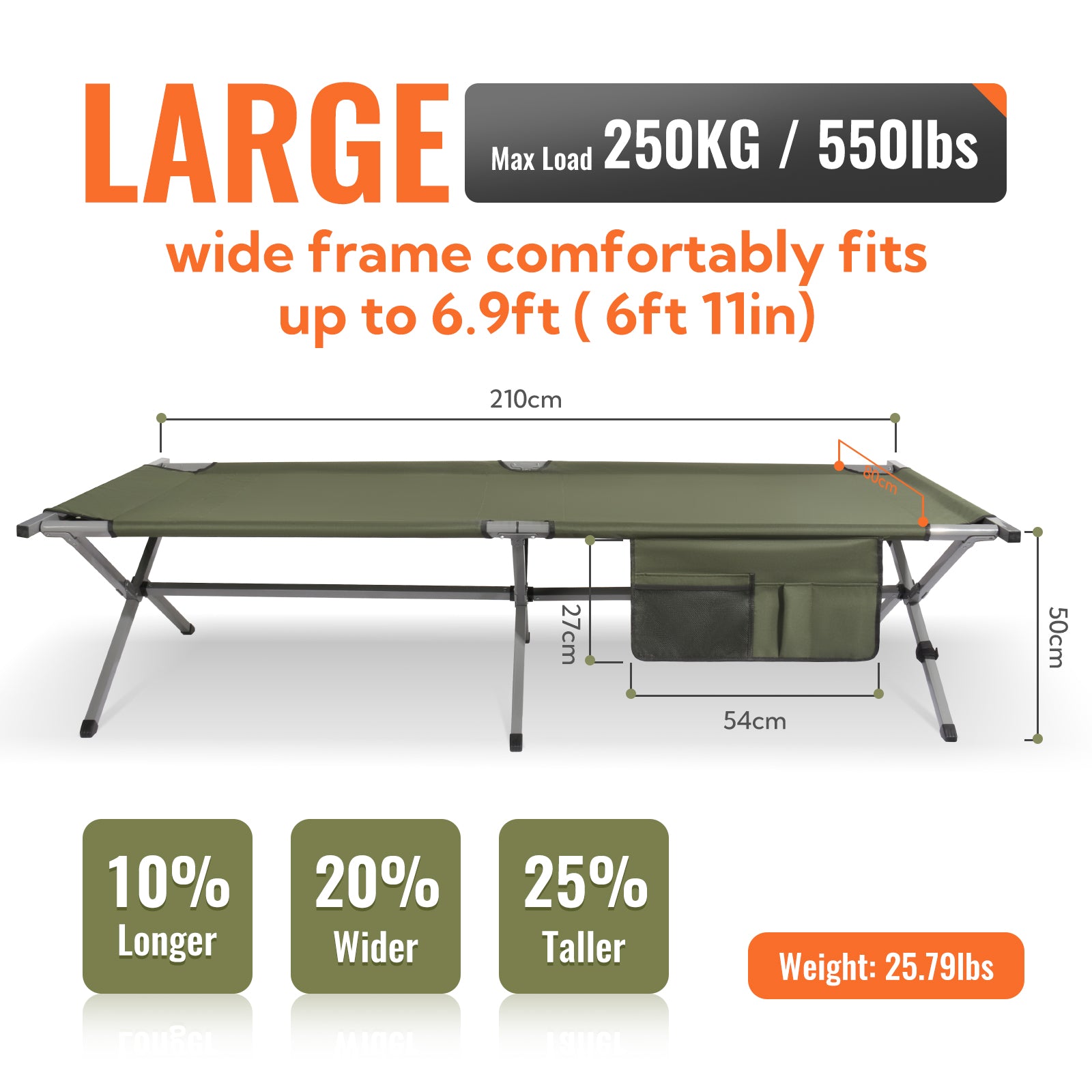 Feldbett klappbar XXL bis 200 kg belastbar – Campingbett 208 cm mit Tragetasche, grün