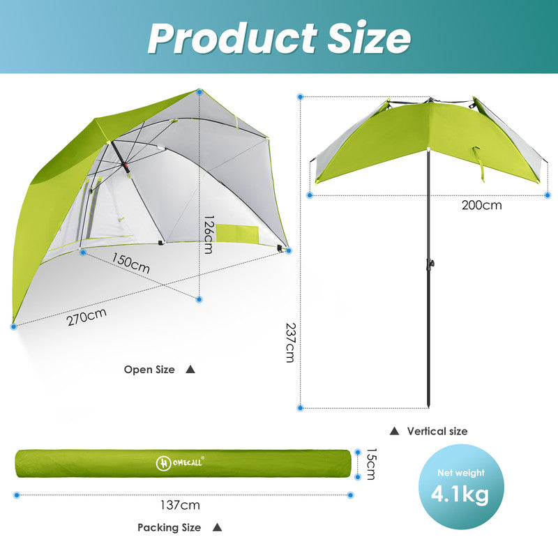 Strand Sonnenschirm mit Windschutz – UPF 50+ Strandmuschel für Garten, Camping und Strand - Grün