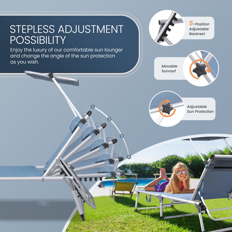 Sonnenliege klappbar – Leichte Gartenliege aus Aluminium mit 5-fach verstellbarer Rückenlehne, Strand- und Campingliege - blau