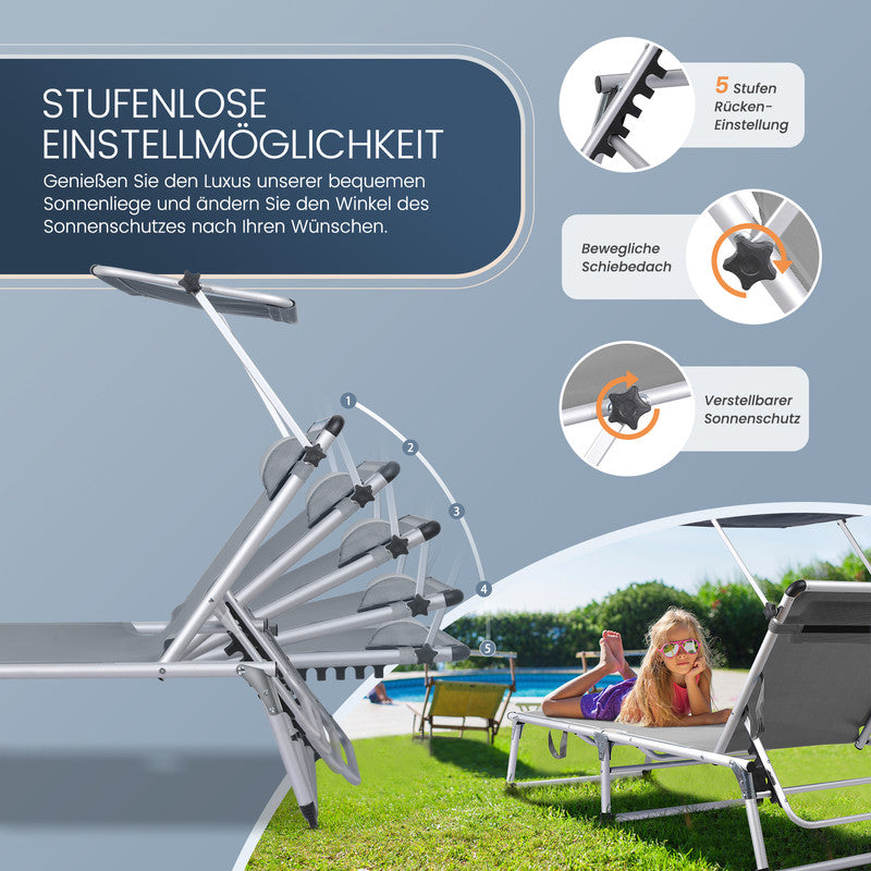Sonnenliege klappbar – Leichte Gartenliege aus Aluminium mit 5-fach verstellbarer Rückenlehne Sonnendach und Nackenkissen grau