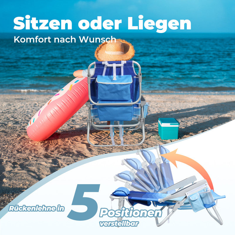 Strandstuhl klappbar  – Aluminium Campingstuhl mit Kühlfach, 5-fach verstellbarer Rückenlehne & Kopfkissen, bis 136 kg belastbar