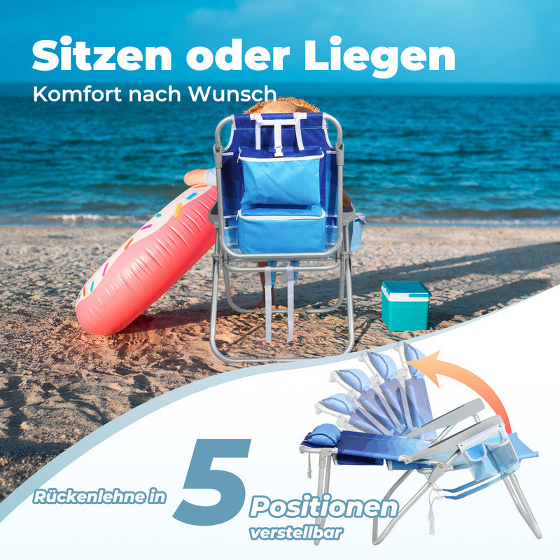 HOMECALL Strandstuhl klappbar leicht – Campingstuhl mit Kühlfach, 5-fach verstellbar, bis 136 kg belastbar | geprüfte B-Ware