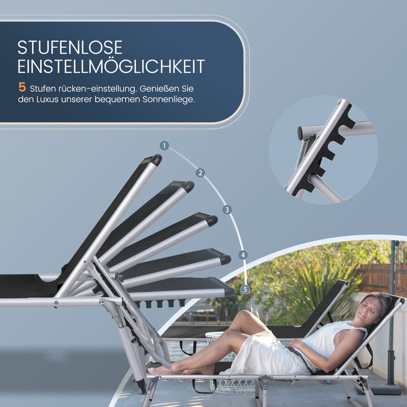 Sonnenliege klappbar – Leichte Gartenliege aus Aluminium mit 5-fach verstellbarer Rückenlehne schwarz