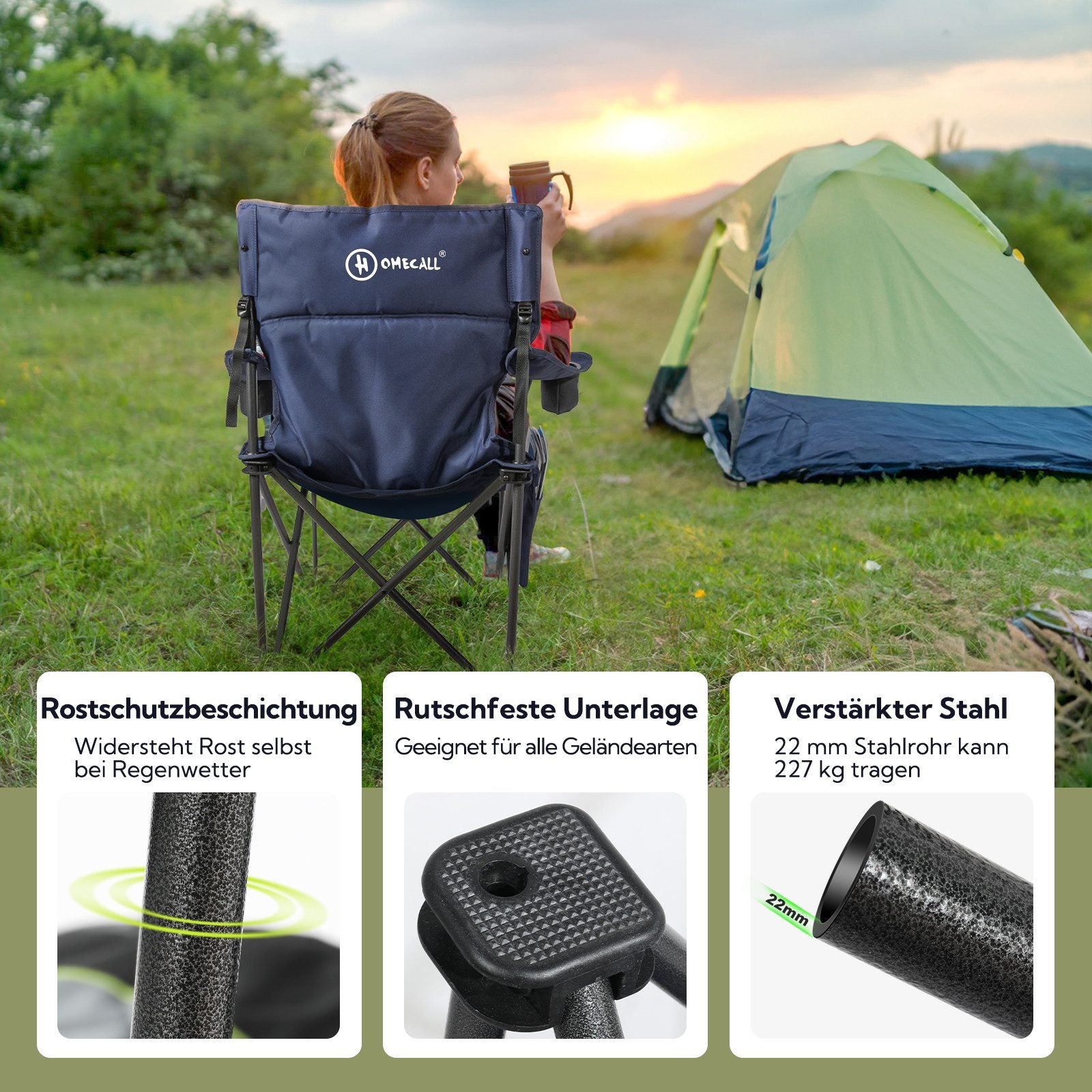 Großer Campingstuhl klappbar bis 360 kg – extra stabiler Outdoor-Klappstuhl mit Getränkehaltern und Tragetasche