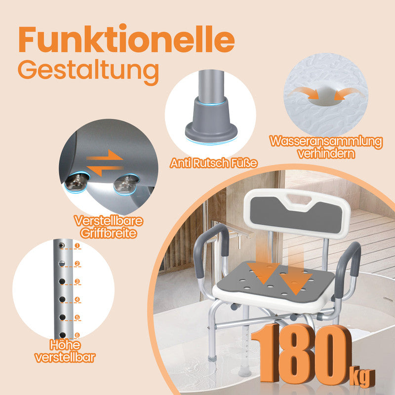 Duschstuhl mit Armlehnen höhenverstellbar – Rutschfester Duschhocker bis 180 kg | Sitzhilfe für Senioren & Bad