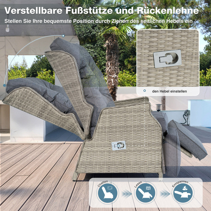 Rattansessel verstellbar mit Fußstütze und Tisch – wetterfester Garten-Relaxsessel bis 160 kg belastbar, Beige