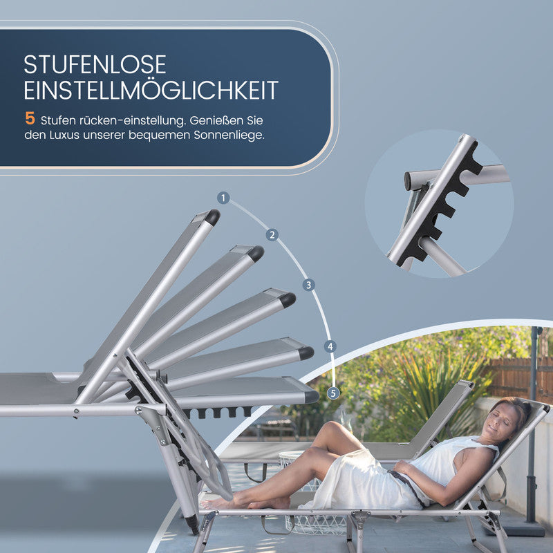 Sonnenliege klappbar – Leichte Gartenliege aus Aluminium mit 5-fach verstellbarer Rückenlehne - grau
