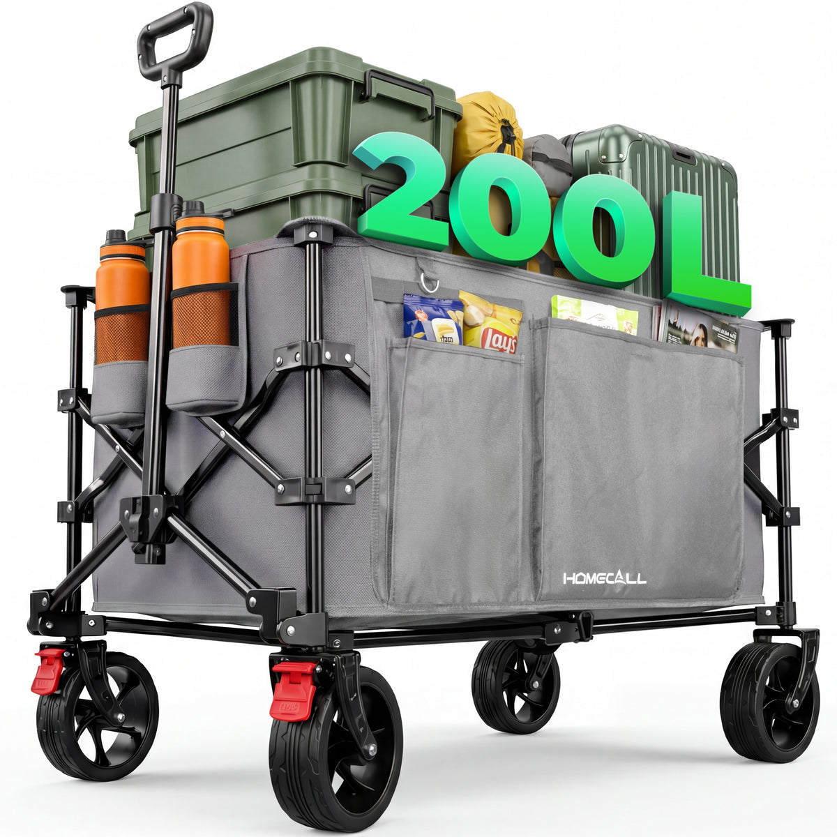Faltbarer Bollerwagen Handwagen Strandwagen 200L XXL-Volumen mit praktischer Kühltasche, Grau