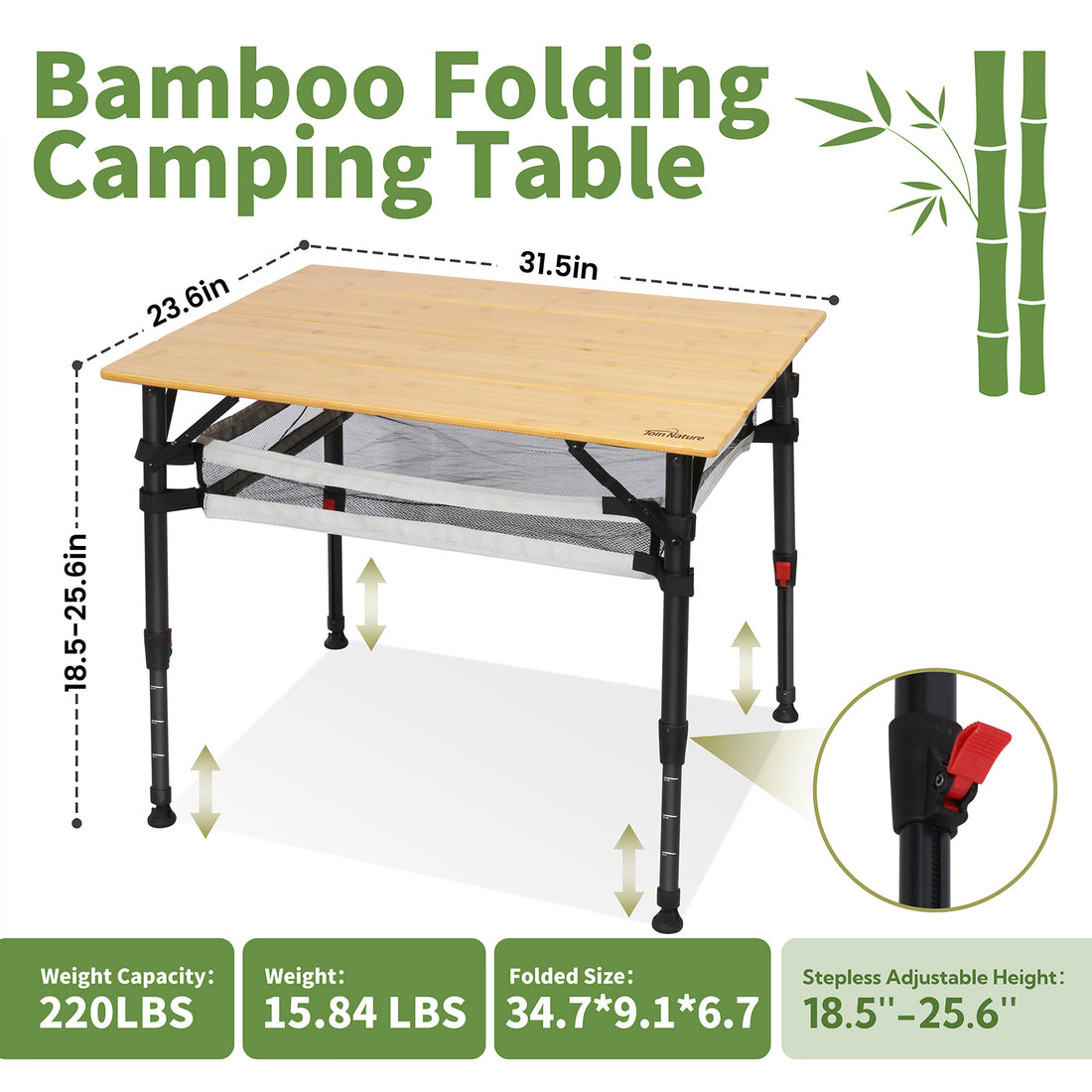 Campingtisch klappbar mit Bambus-Tischplatte – höhenverstellbarer Outdoor-Tisch mit verstellbaren Beinen und Aufbewahrungsnetz, 80 x 65 cm