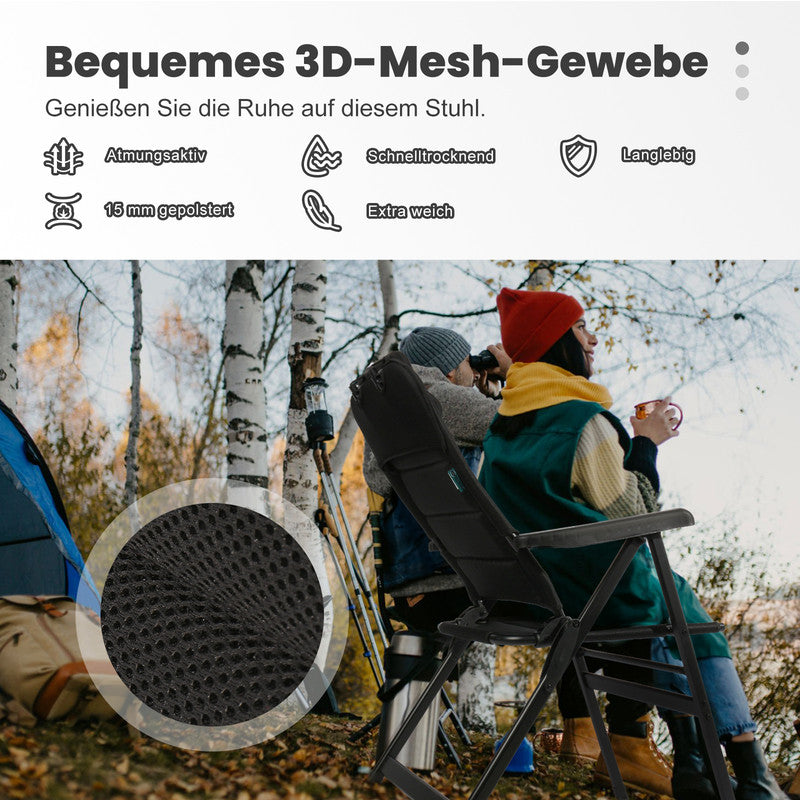 Campingstuhl Hochlehner klappbar – Gepolsterter Gartenstuhl mit Kopfstütze bis 150 kg belastbar schwarz