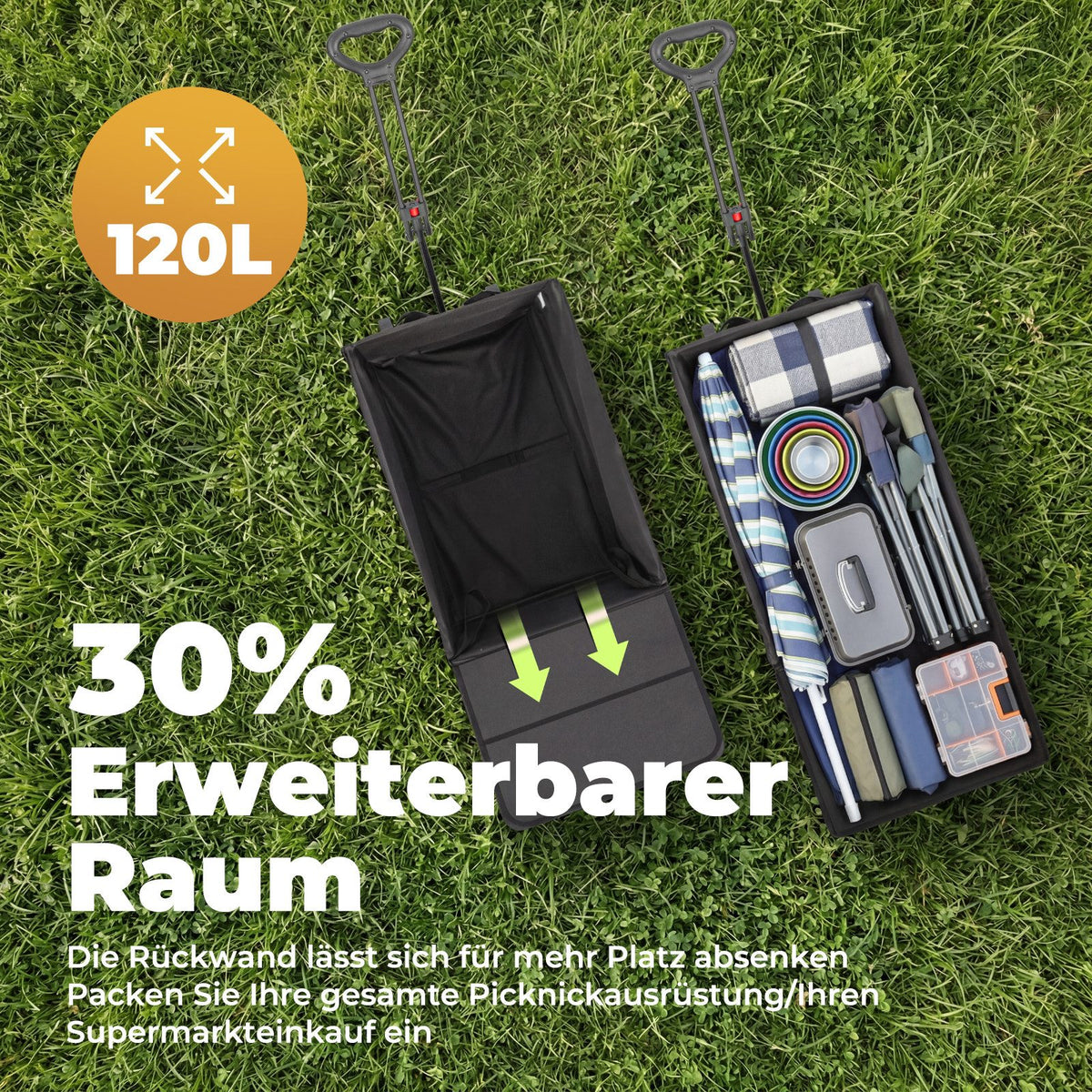 Faltbarer Bollerwagen Handwagen bis 150 kg – Strandwagen mit Dach, 120 L+ Volumen, Campingwagen mit Reflektorstreifen
