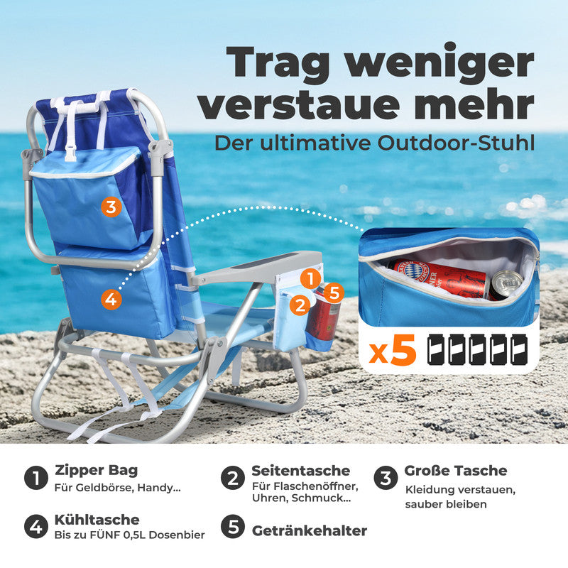 HOMECALL Strandstuhl klappbar leicht mit Kühlfach – Campingstuhl 5-fach verstellbar, Aluminiumrahmen bis 136 kg belastbar | geprüfte B-Ware