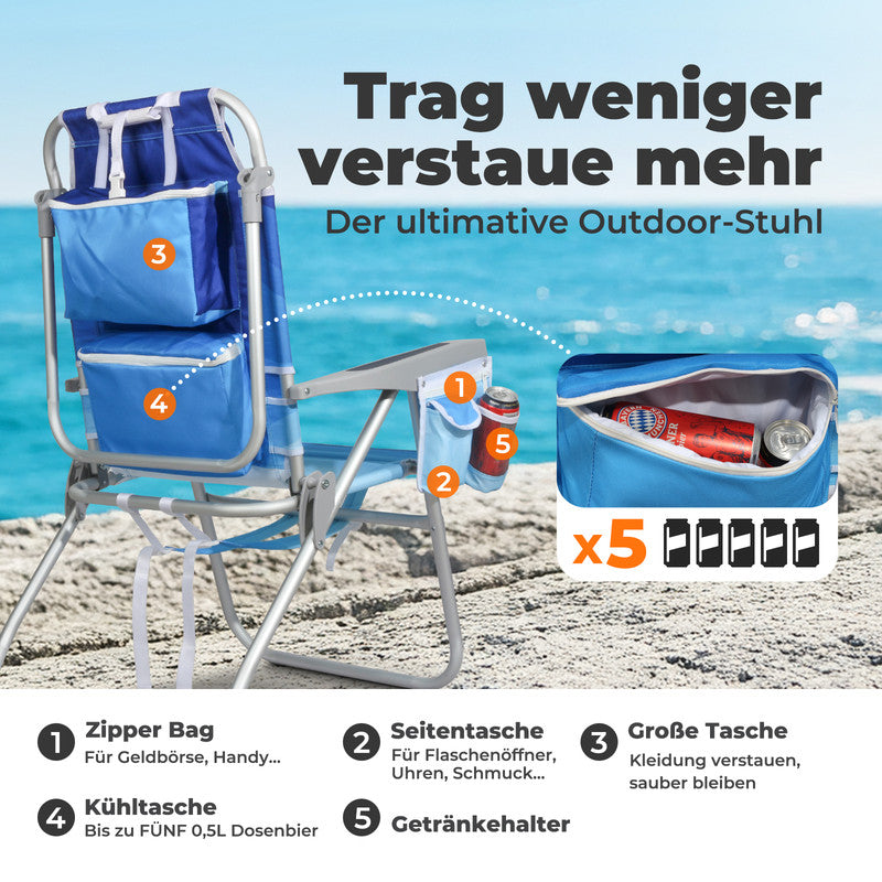 HOMECALL Strandstuhl klappbar leicht – Campingstuhl mit Kühlfach, 5-fach verstellbar, bis 136 kg belastbar | geprüfte B-Ware