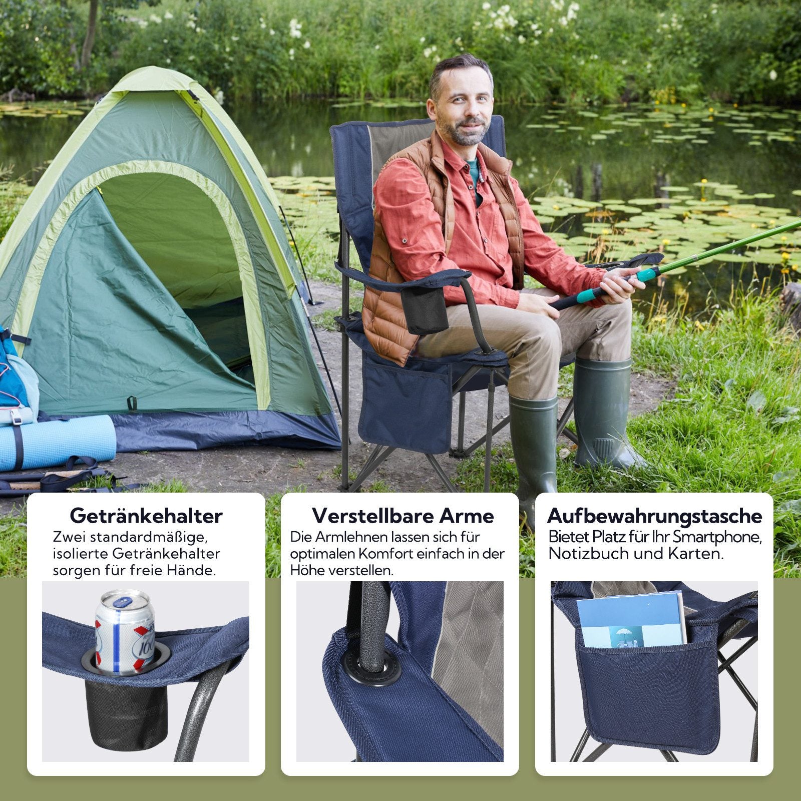 Großer Campingstuhl klappbar bis 360 kg – extra stabiler Outdoor-Klappstuhl mit Getränkehaltern und Tragetasche