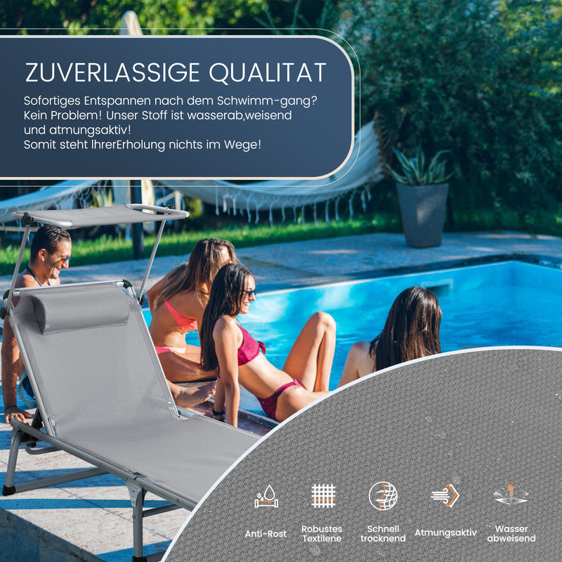 Sonnenliege klappbar – Leichte Gartenliege aus Aluminium mit 5-fach verstellbarer Rückenlehne Sonnendach und Nackenkissen grau