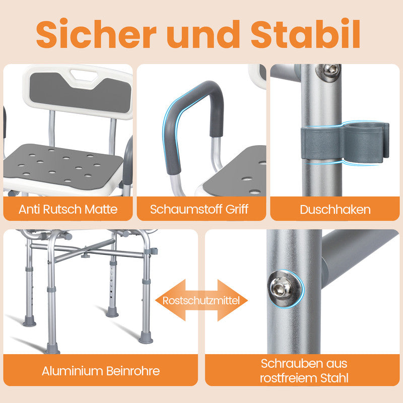 Duschstuhl mit Armlehnen höhenverstellbar – Rutschfester Duschhocker bis 180 kg | Sitzhilfe für Senioren & Bad