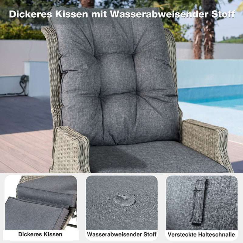 Rattansessel verstellbar mit Fußstütze und Tisch – wetterfester Garten-Relaxsessel bis 160 kg belastbar, Beige