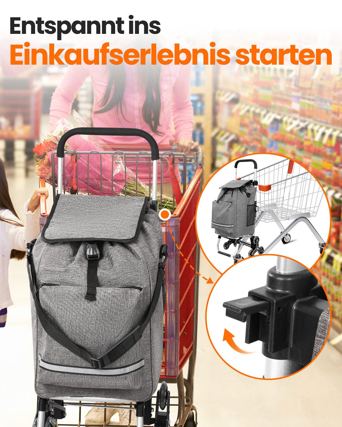 Einkaufstrolley klappbar mit Kühlfach 55 L – Shopping Trolley bis 50 kg belastbar, Treppensteiger