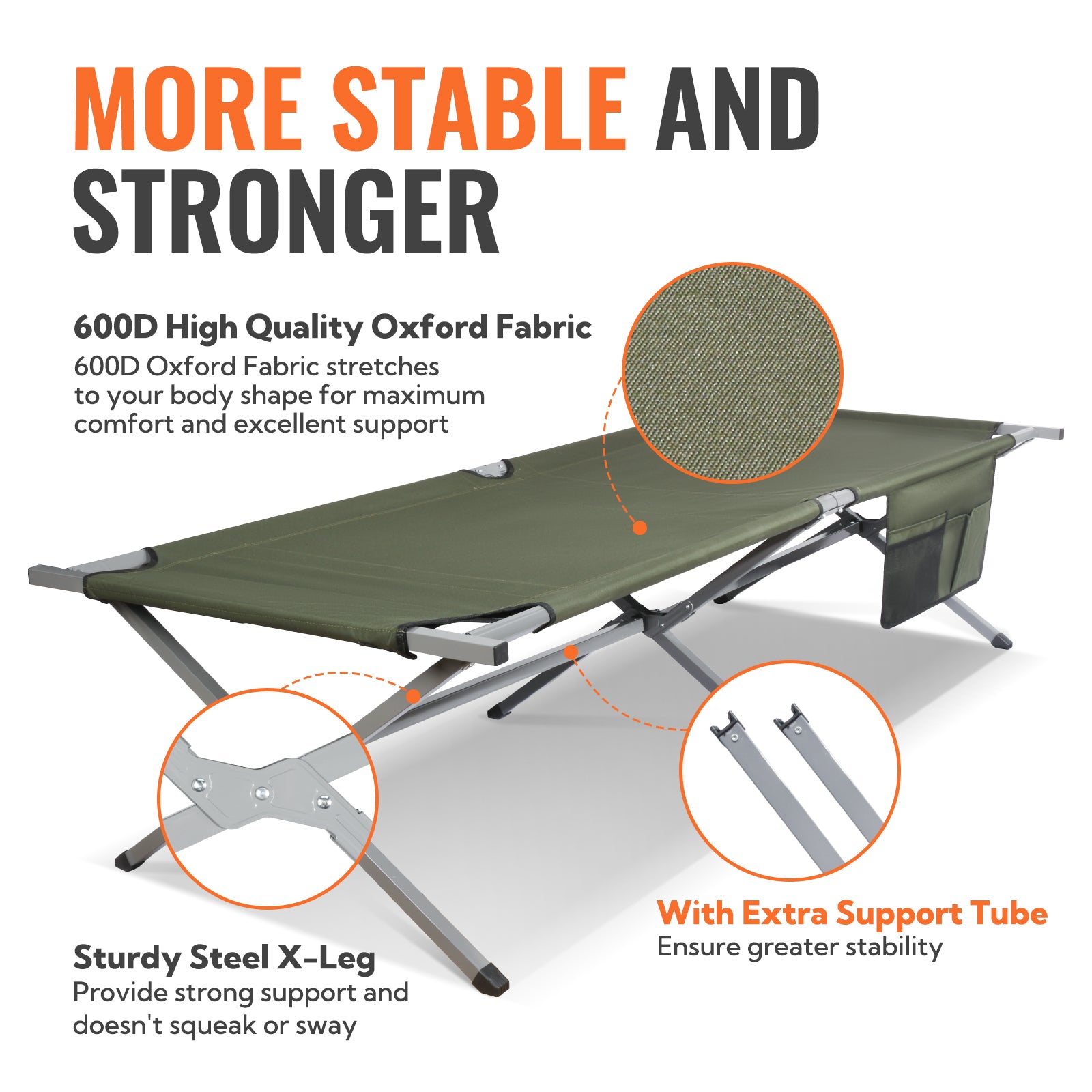 Feldbett klappbar XXL bis 200 kg belastbar – Campingbett 208 cm mit Tragetasche, grün