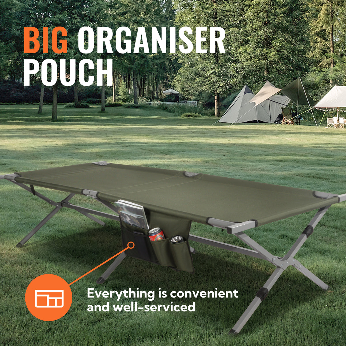 Feldbett klappbar XXL bis 200 kg belastbar – Campingbett 208 cm mit Tragetasche, grün