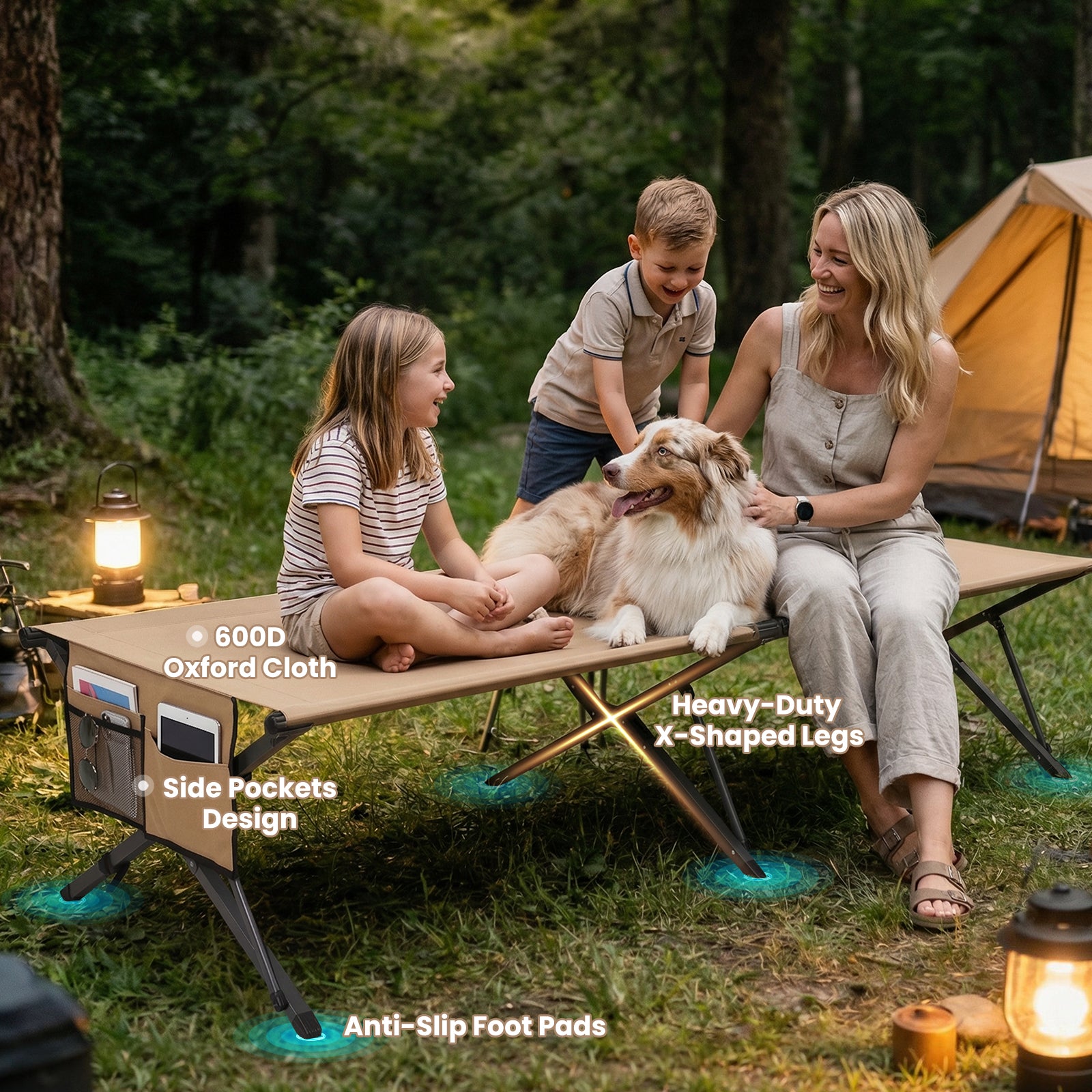 HOMECALL XXL Campingbett klappbar – stabiles Feldbett bis 200 kg, faltbares Outdoor- und Gästebett mit Tragetasche, sand